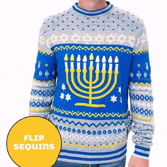 Menorah Hanukkah with Flip Candle Sequins Sweater - NEW Fast Ship